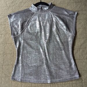 Anthropologie Pilcro Cap-Sleeve Mock-Neck Metallic Top